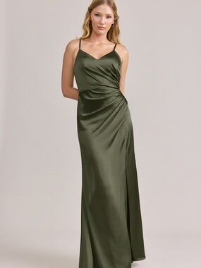 Revelry Deep Olive Satin dress with Side Twist